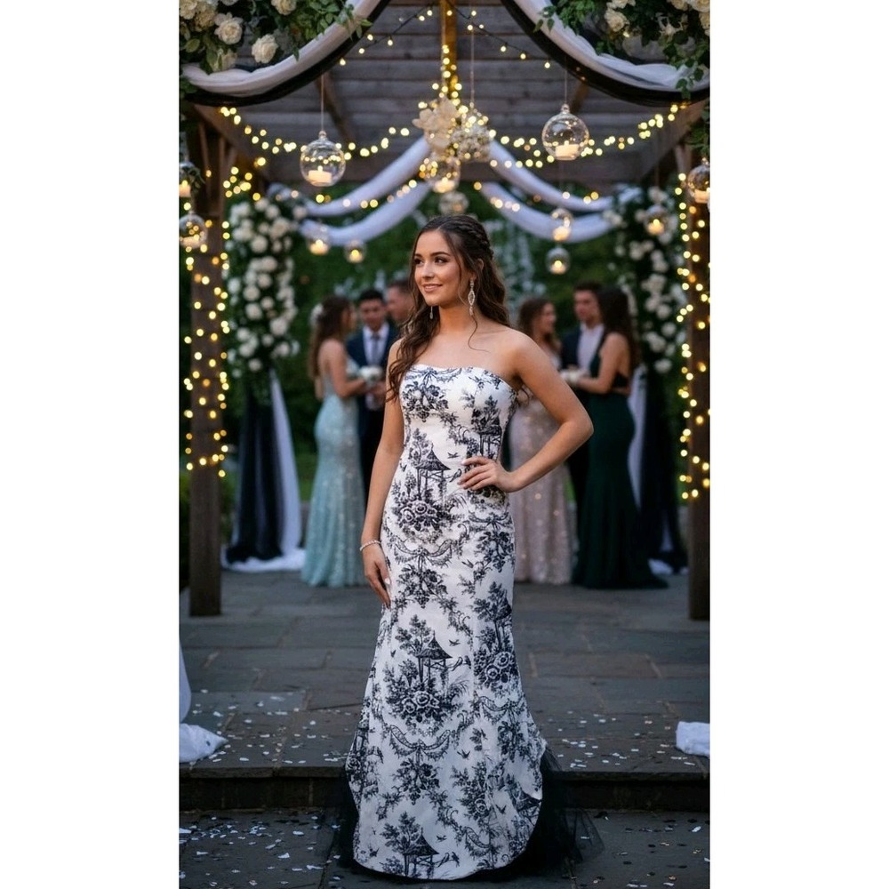 Black And White Formal Gown Strapless Print Tulle Eveningwear Size 4 Long Dress